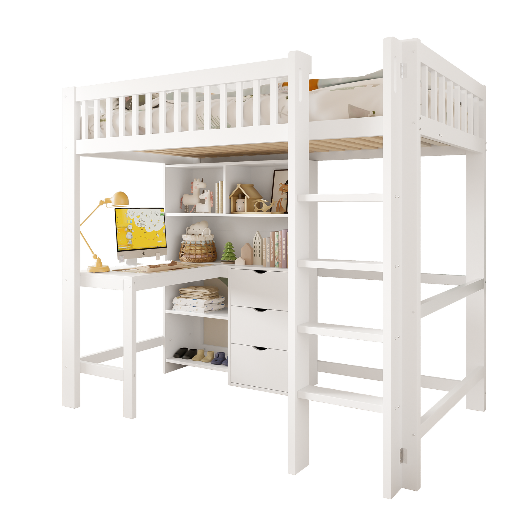 Loft Bed 90x200cm Storage Ladder Desk 3 Drawers, White
