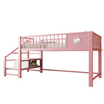 Low Loft Bed for Children with Storage Ladder and Metal Frame, 90x200cm, Pink Metal
