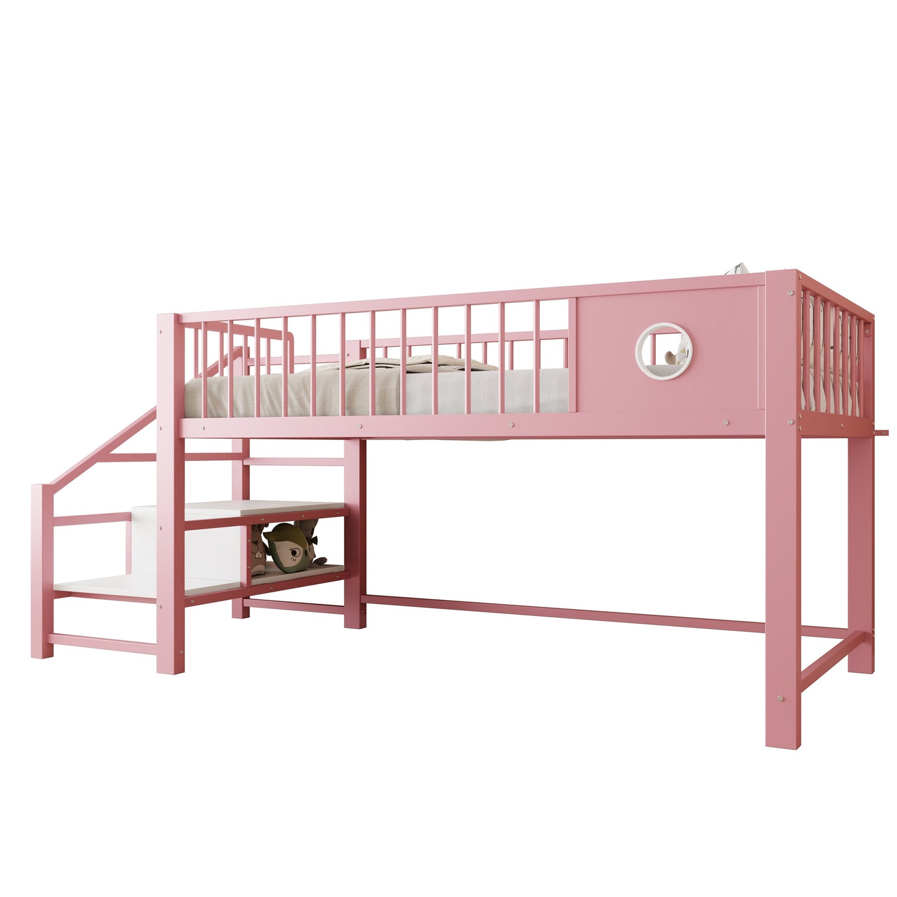 Low Loft Bed for Children with Storage Ladder and Metal Frame, 90x200cm, Pink Metal