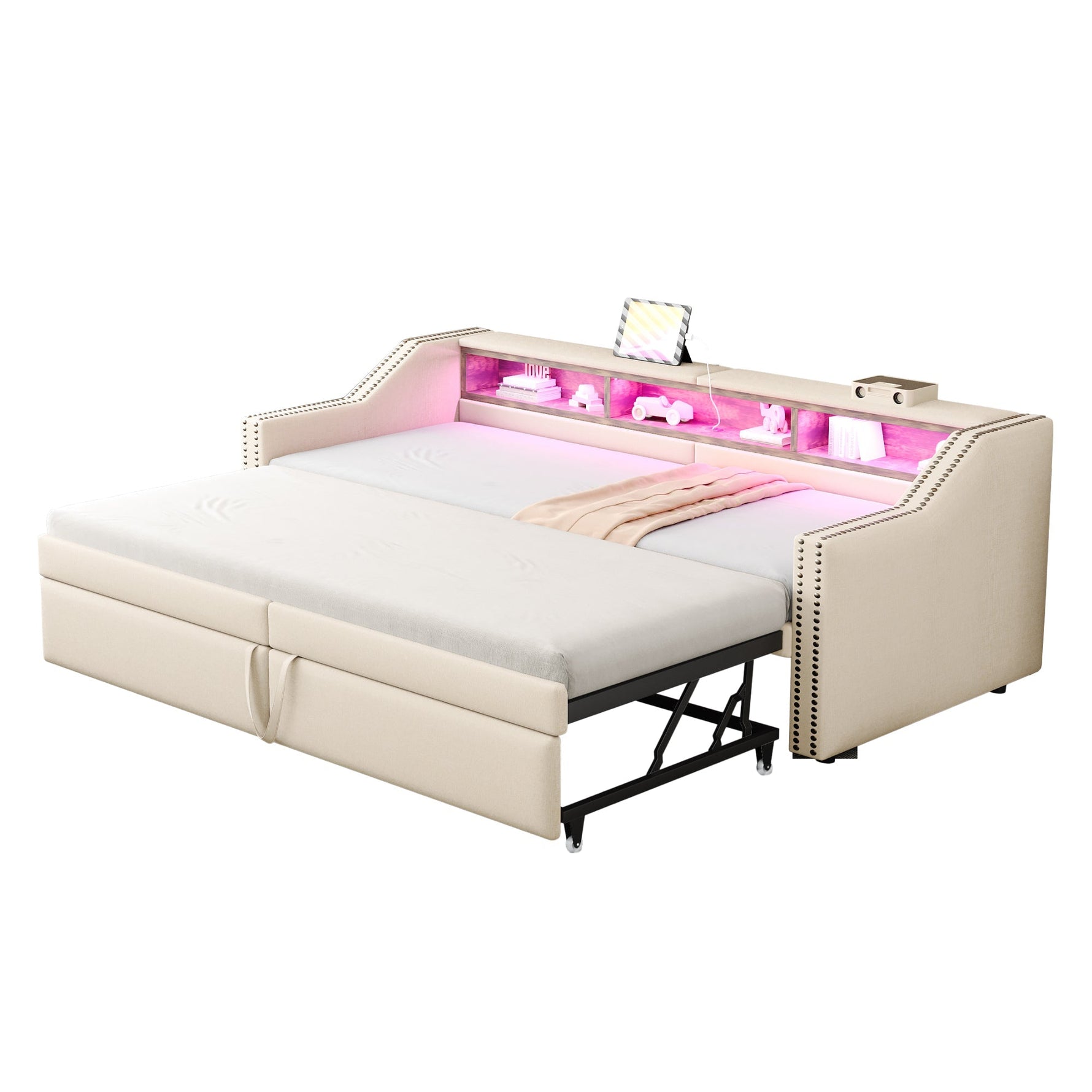 Extendable Upholstered Sofa Bed with Storage, LED and USB, 90/180x200cm, Beige Velvet