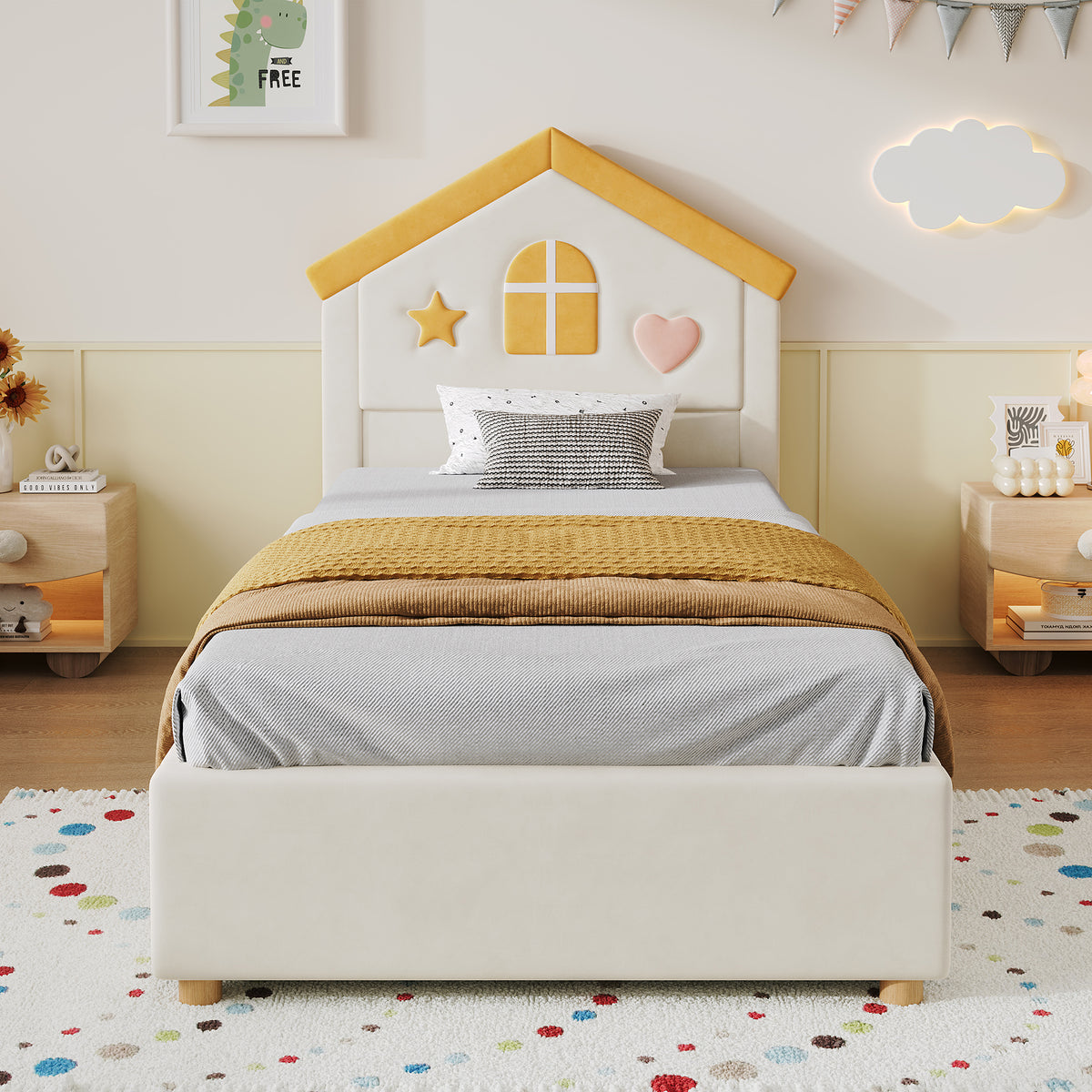 Children's House Bed 90x200 with 4 Drawers, Beige Velvet
