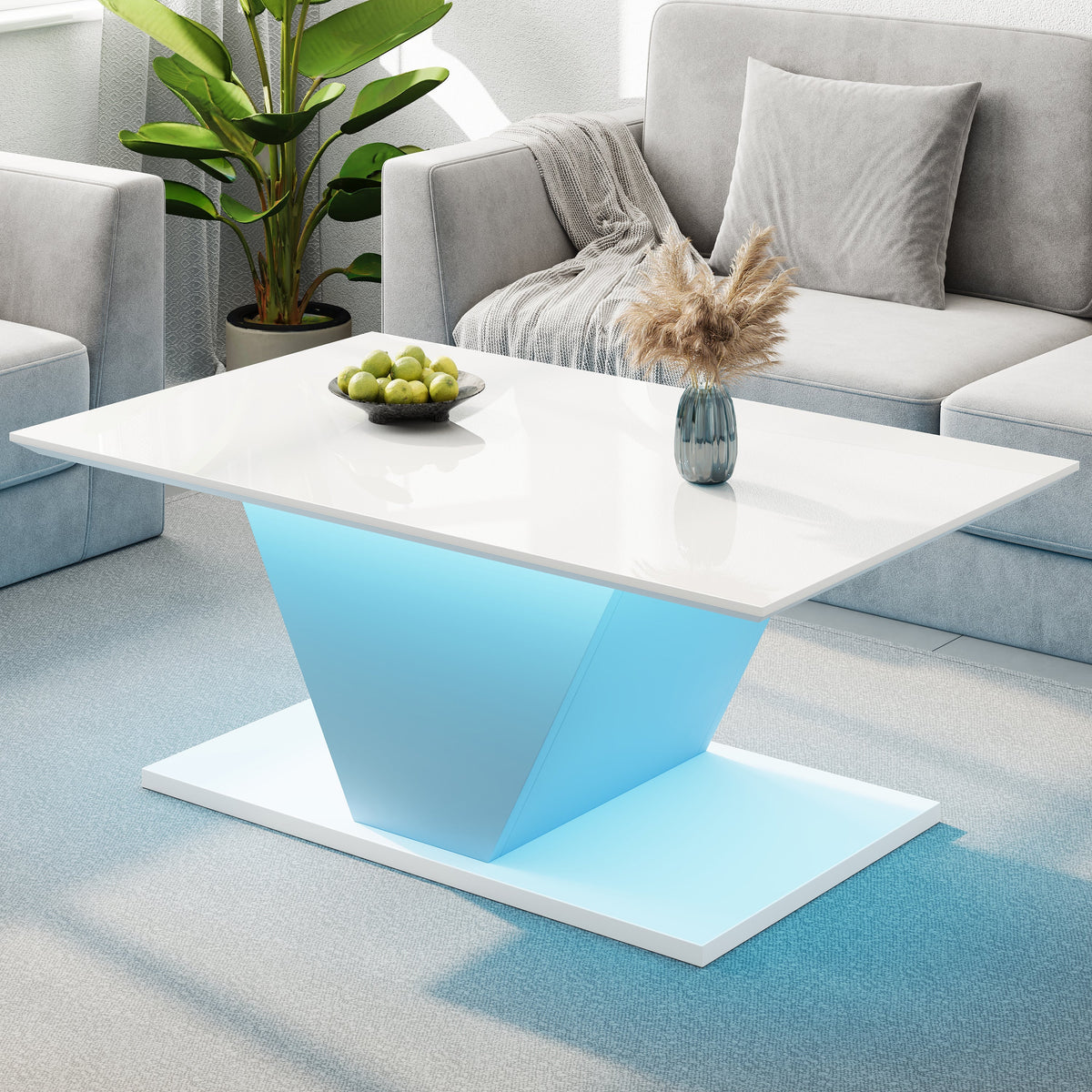 Coffee Table 100x50x46cm Special Shape LED High-Gloss White V-Shape