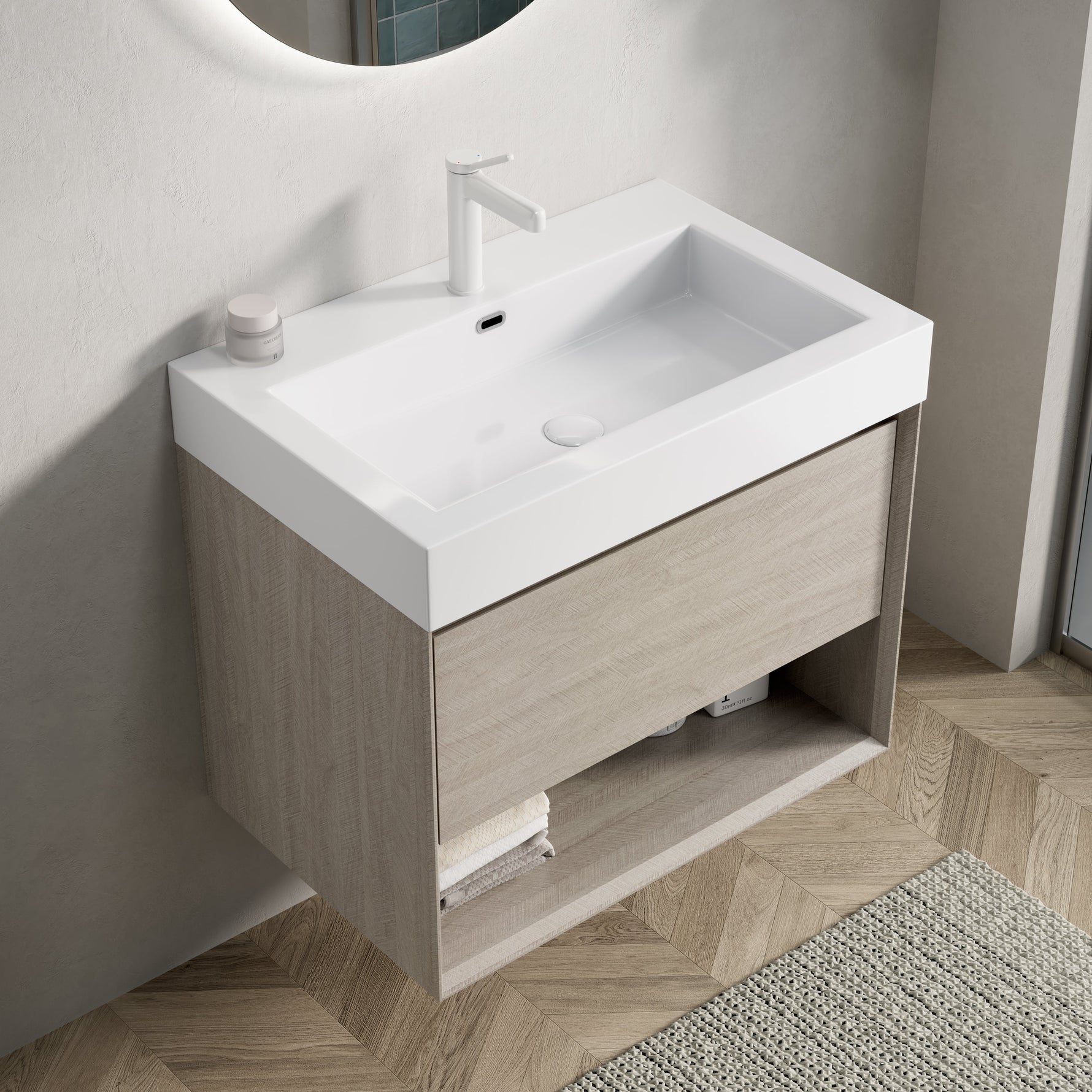 Wall-Mounted Bathroom Vanity Unit with Integrated Resin Basin and Storage, Light Oak wood Grain Color