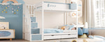 Bunk Bed for Children 90x200cm Double Bed Ladder Storage Drawers Rabbit/Carrot Motifs White + Blue
