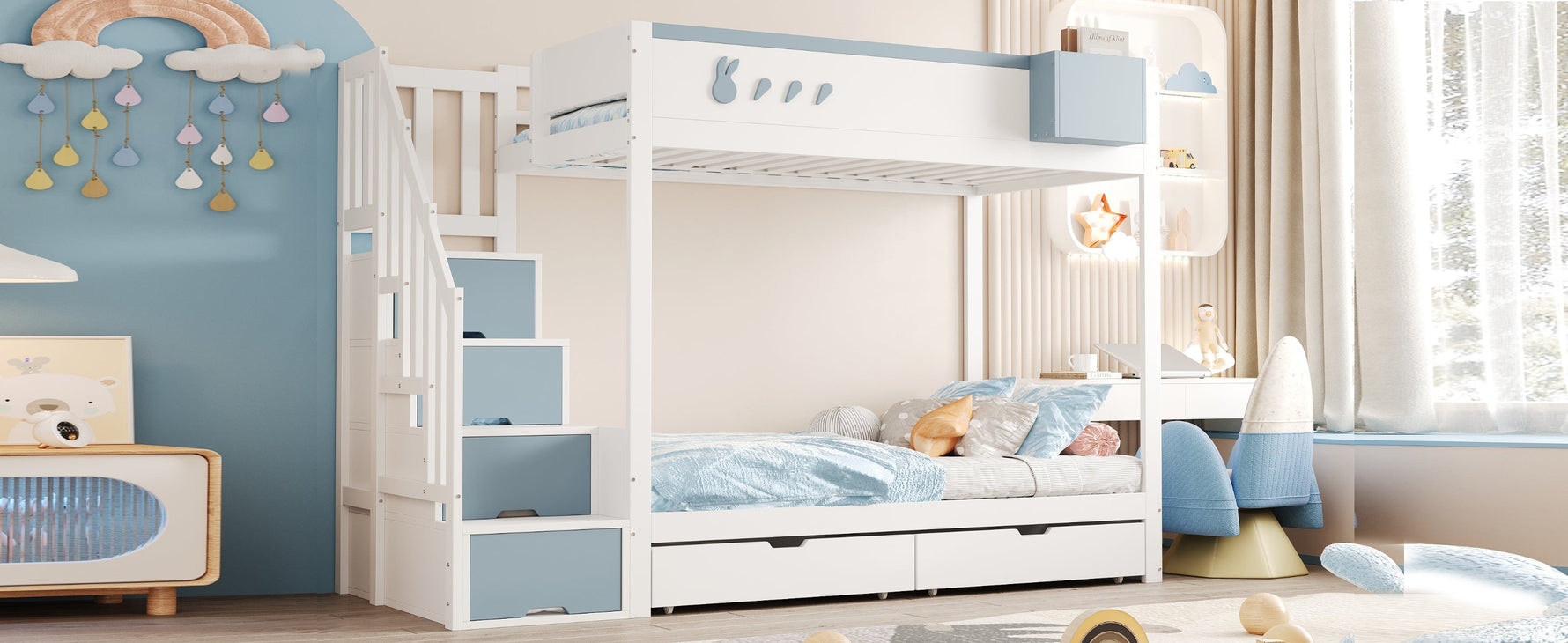 Bunk Bed for Children 90x200cm Double Bed Ladder Storage Drawers Rabbit/Carrot Motifs White + Blue