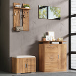 Hallway Wardrobe Set, Shoe Bench and Cabinet with Mirror, 4 Hooks, 5 Doors, Natural