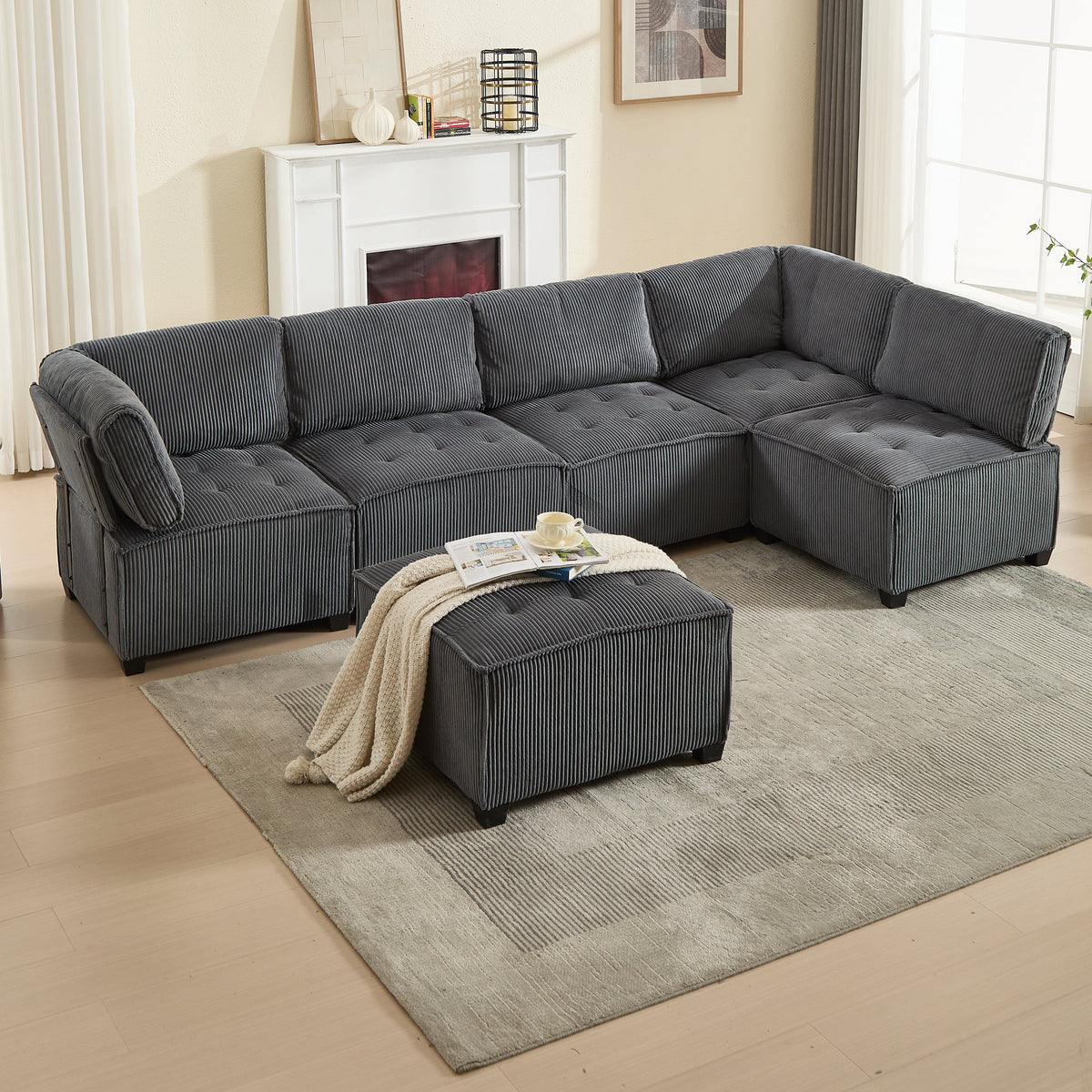 Modular Sofa 6-Seater Convertible U/L-Shape Sleeper Storage Pockets Corduroy Grey
