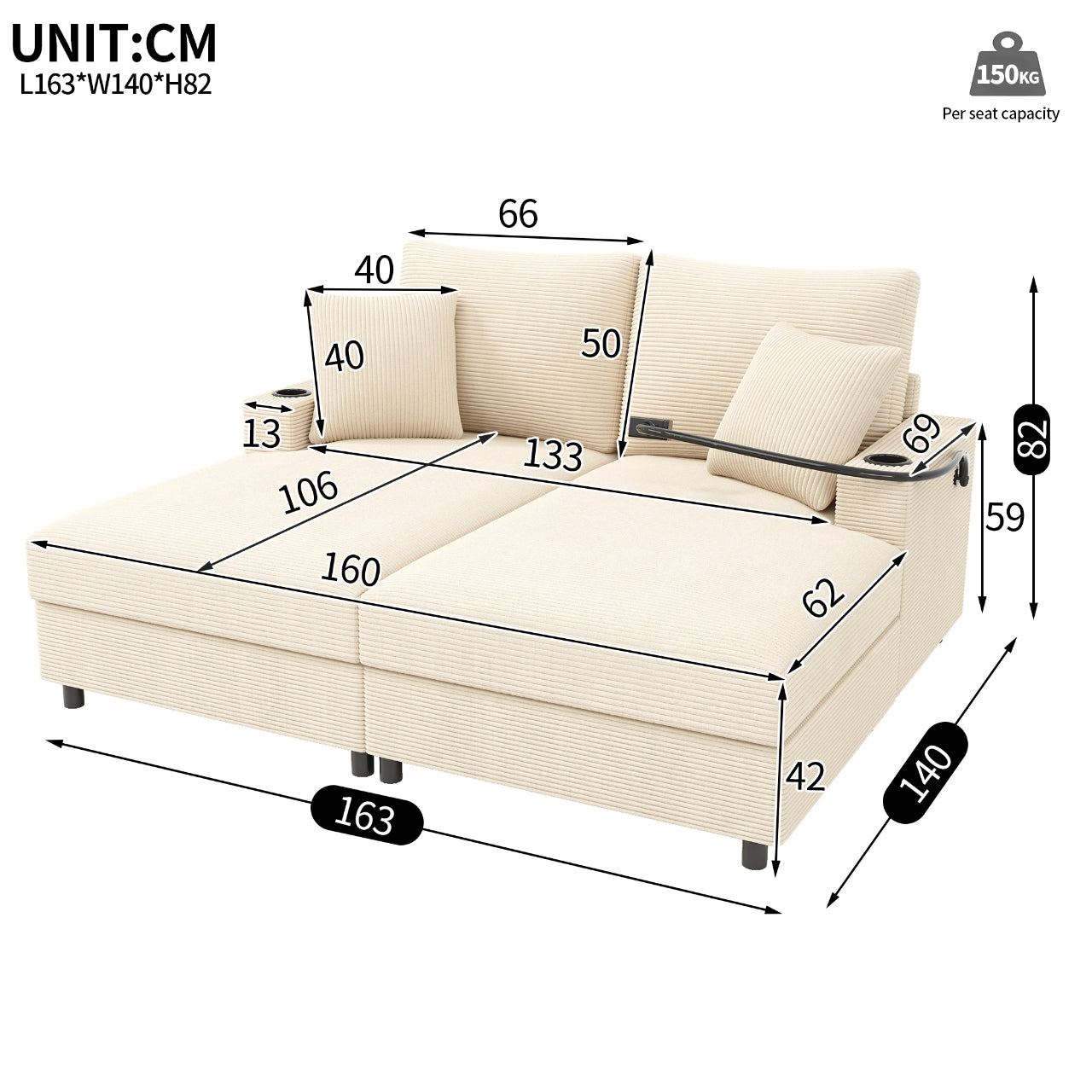 Double Sofa Bed with Sleeping Function, USB Port & Cup Holder - Beige