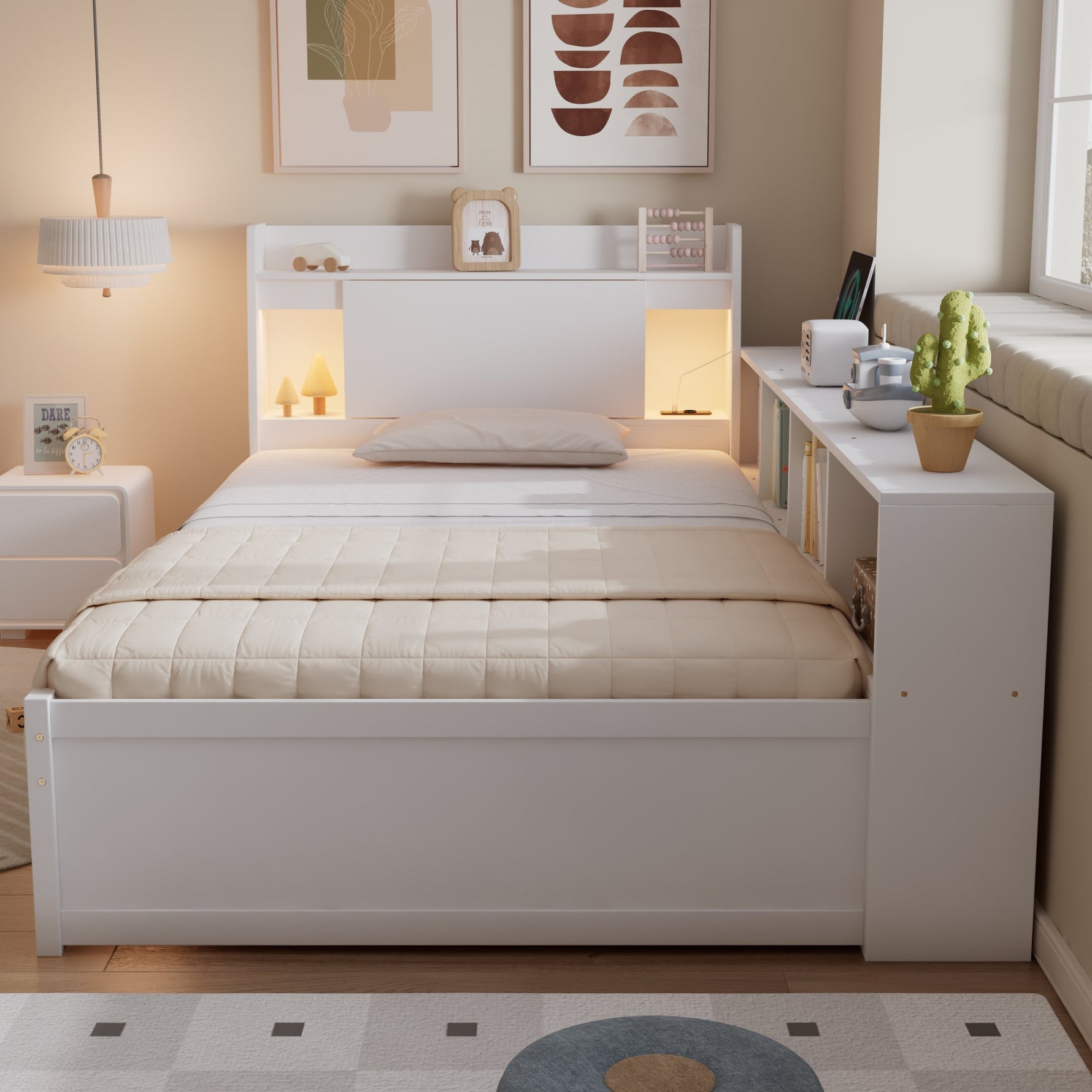 Single Panel Bed, Storage Headboard Lights Charging Drawers 90x200cm, White Pine/MDF