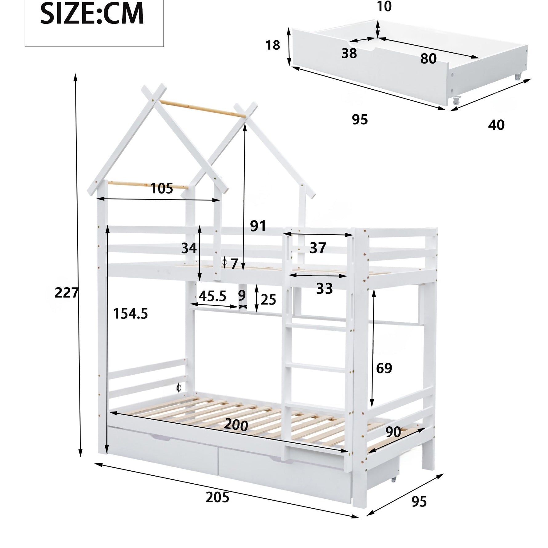 Bunk Bed with Drawers, Shelves & Ladder, Pinewood Frame, White