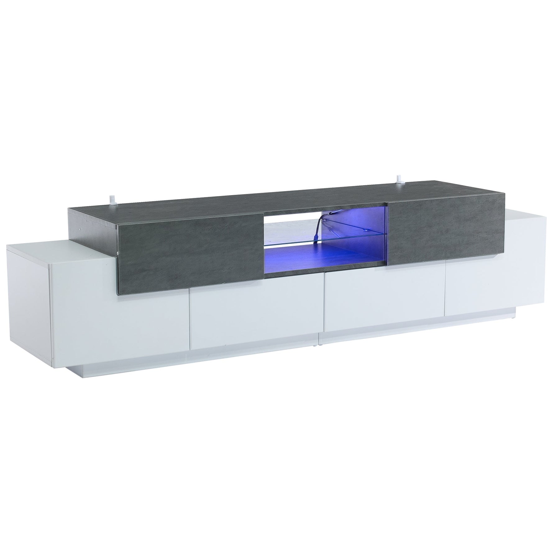 LED TV Cabinet, Entertainment Center with Glass Shelves, White+Gray