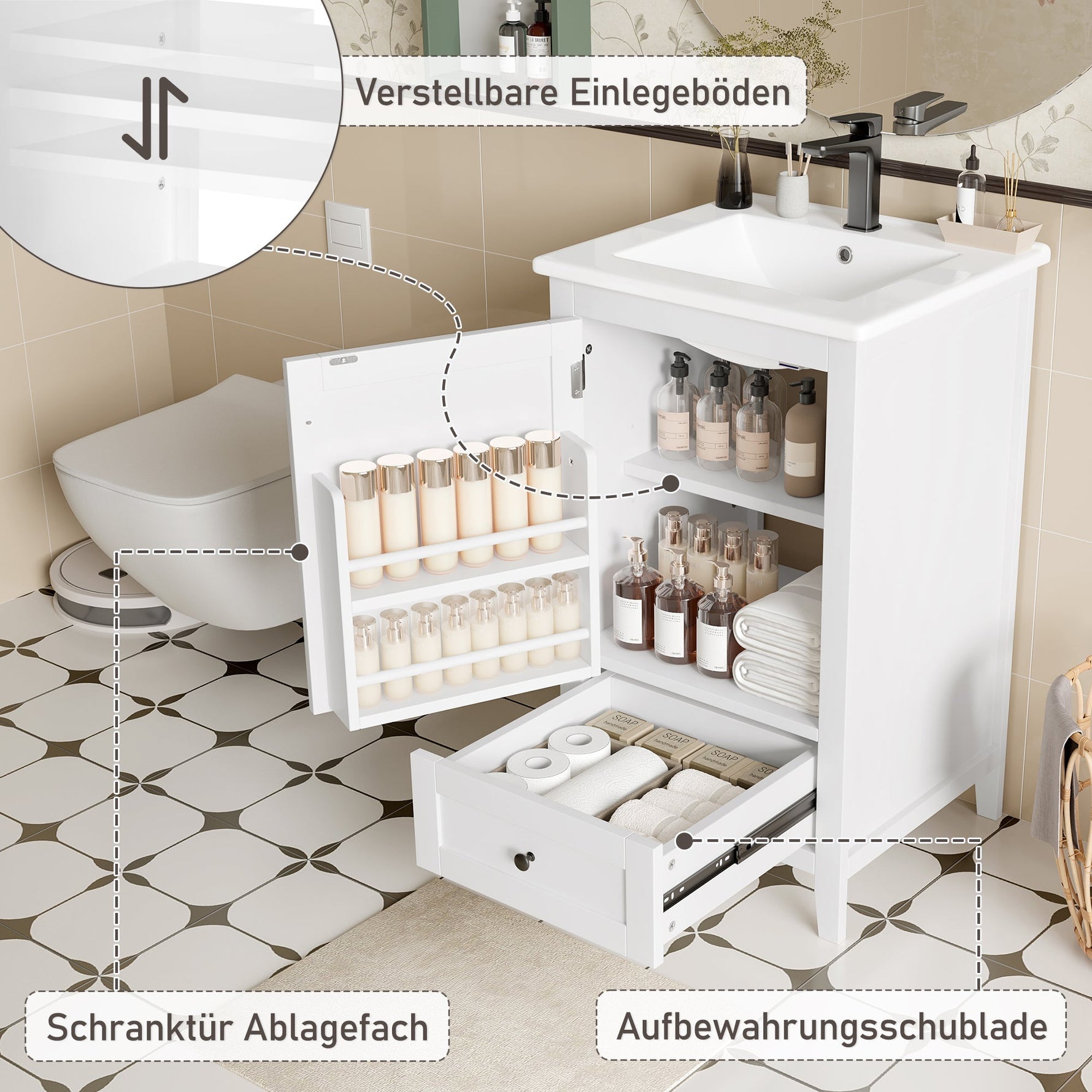 Floor-standing Bathroom Cabinet with Ceramic Sink and Storage Drawer, White