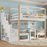 Bunk Bed with Adjustable Table, Bookshelf and Storage Stairs, 90x200cm, White and Natural Pine + MDF