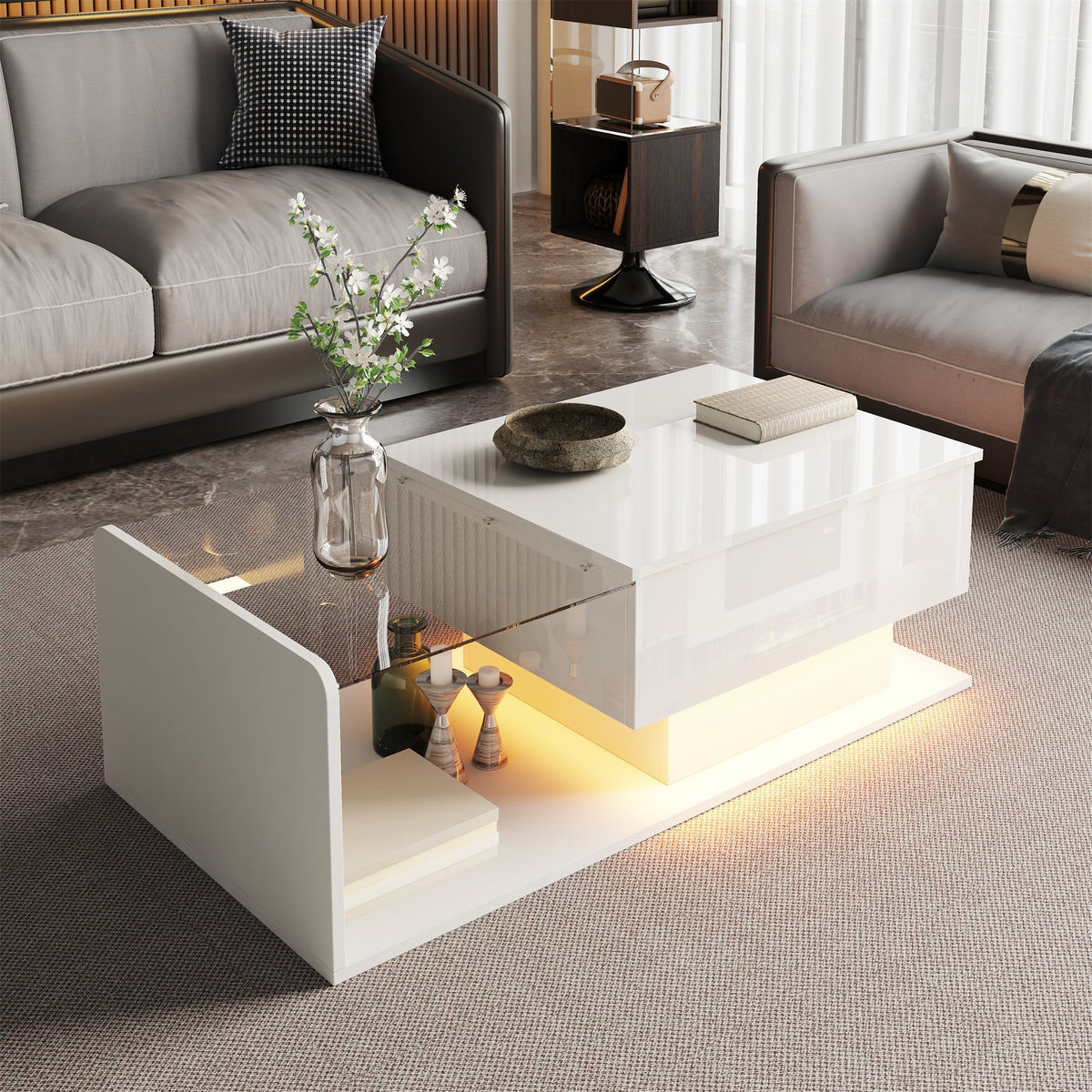 Coffee Table, Glass Top LED Effect, High-Gloss White
