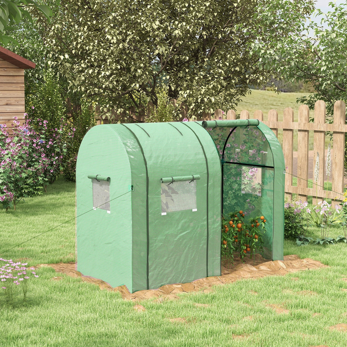 Greenhouse with 2 Roll-Up Doors, Windproof with Side Window and UV Protection, PE Green
