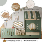 Children's House Bed with Roof, Window, Fence, 2 Drawers, 90x200cm - Pine/MDF Green/Natural