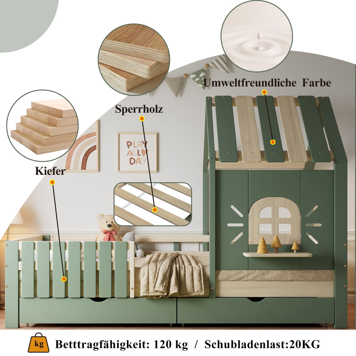 Children's House Bed with Roof, Window, Fence, 2 Drawers, 90x200cm - Pine/MDF Green/Natural