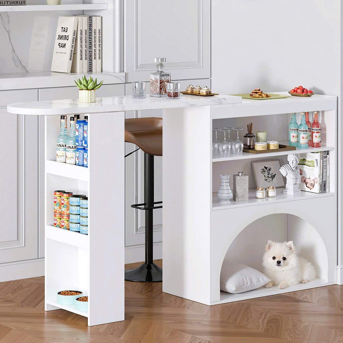 Extendable Table, Rotating High with Pet Area, White Marble Effect