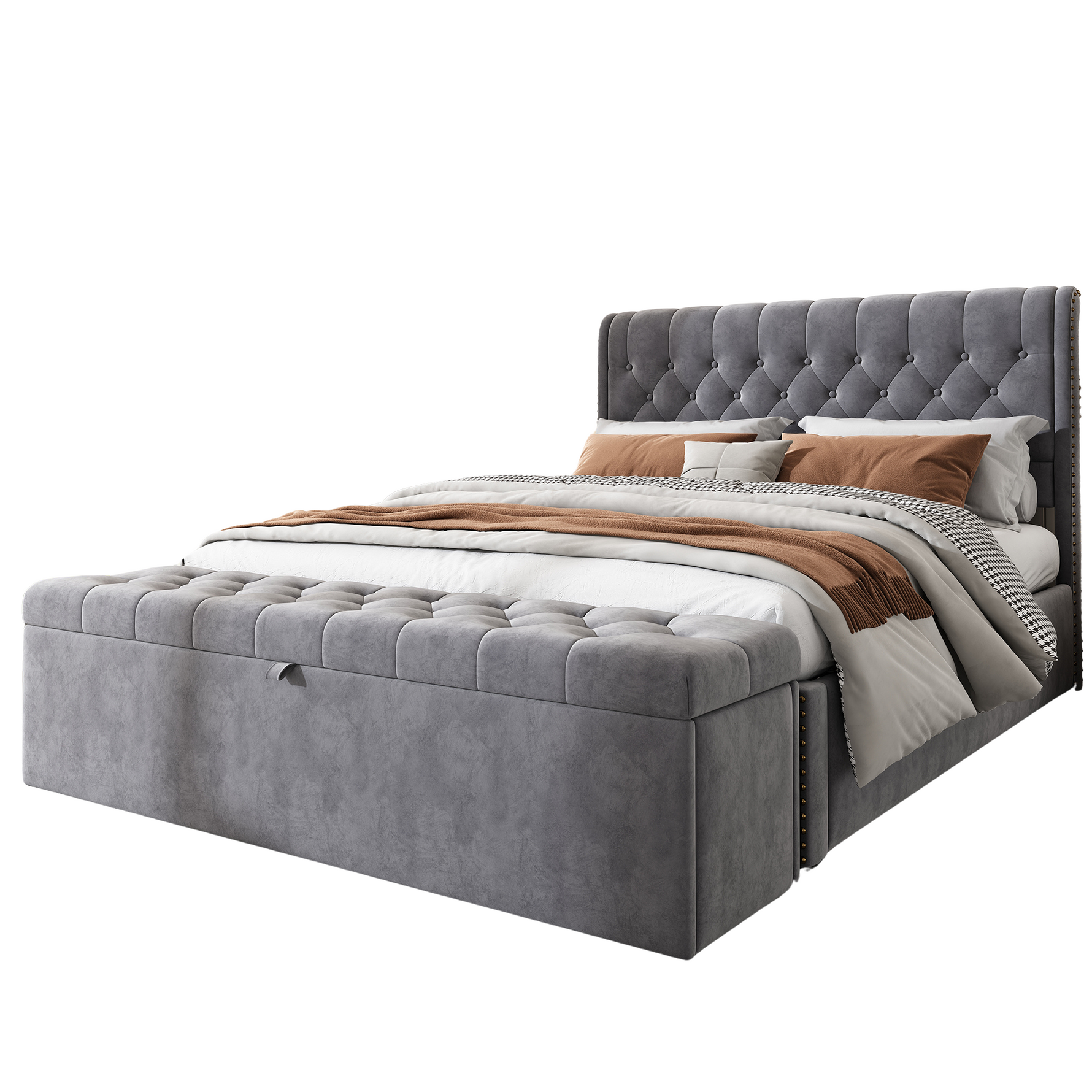 Upholstered Bed with Hydraulic Storage and Bench, 140x200cm, Grey Velvet