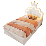 Upholstered Bed 90x200cm Hydraulic Storage LED Crown Adjustable Headboard - PU White