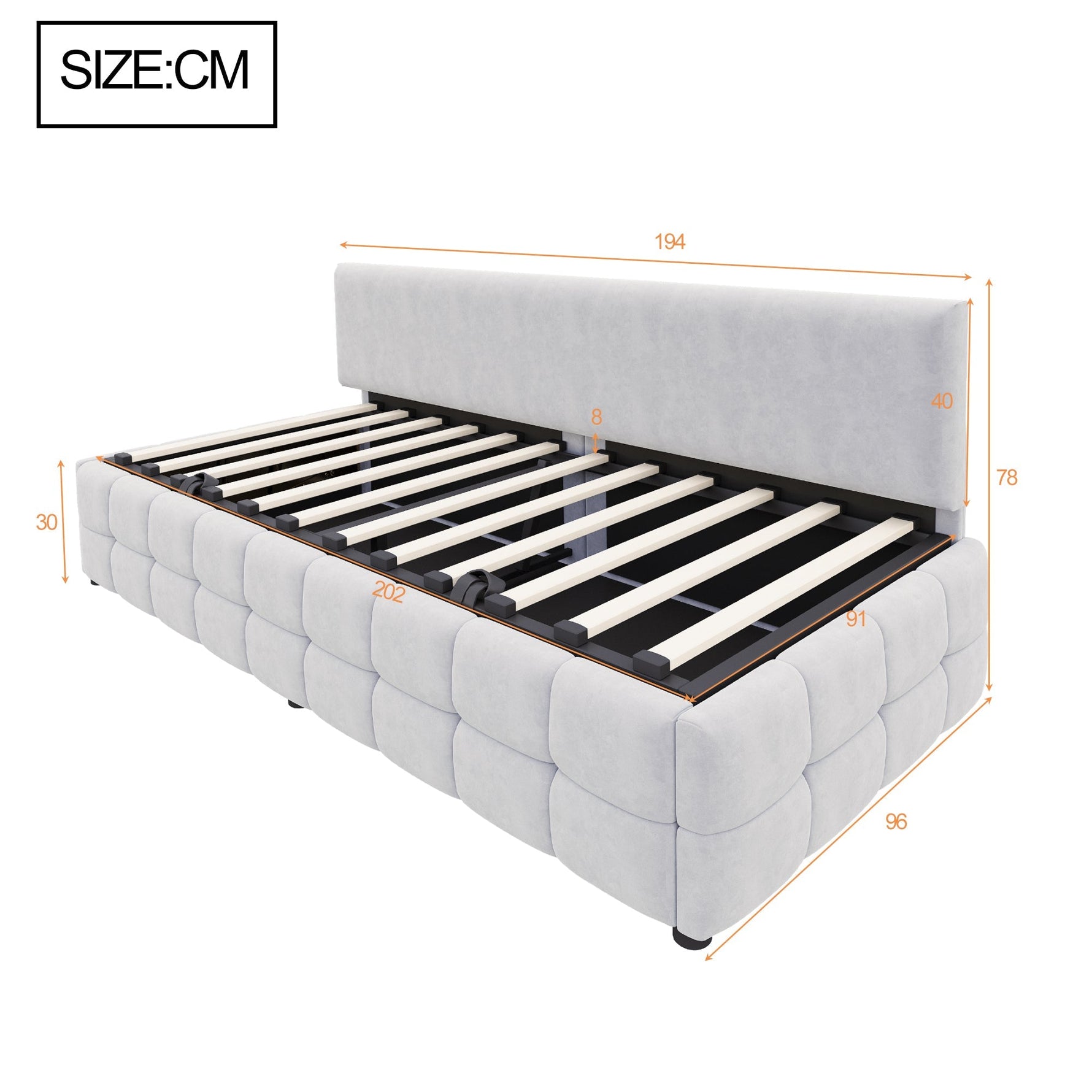 Upholstered Sofa Bed 90x200cm Hydraulic Storage Classic Check Pattern Light Grey Velvet