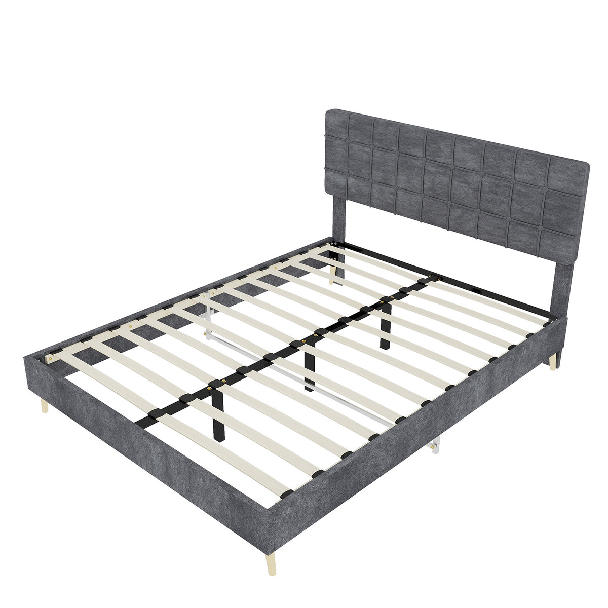 Modern Double Bed with Plaid Headboard 160x200cm, Dark Gray Fabric