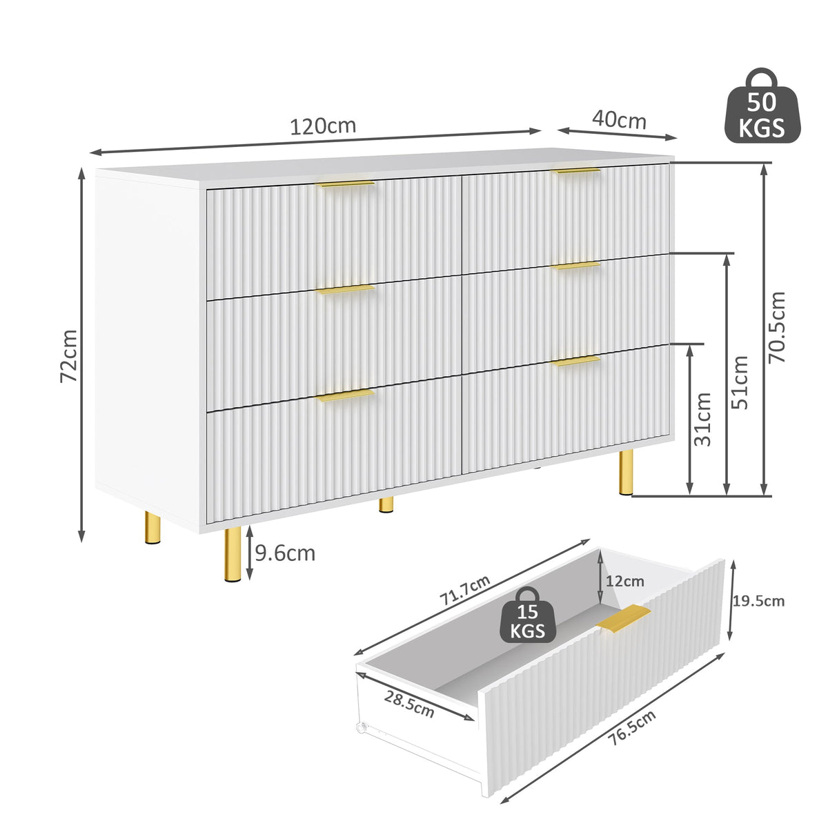 Chest of Drawers Sideboard with 6 Drawers and Modern Design, White and Gold