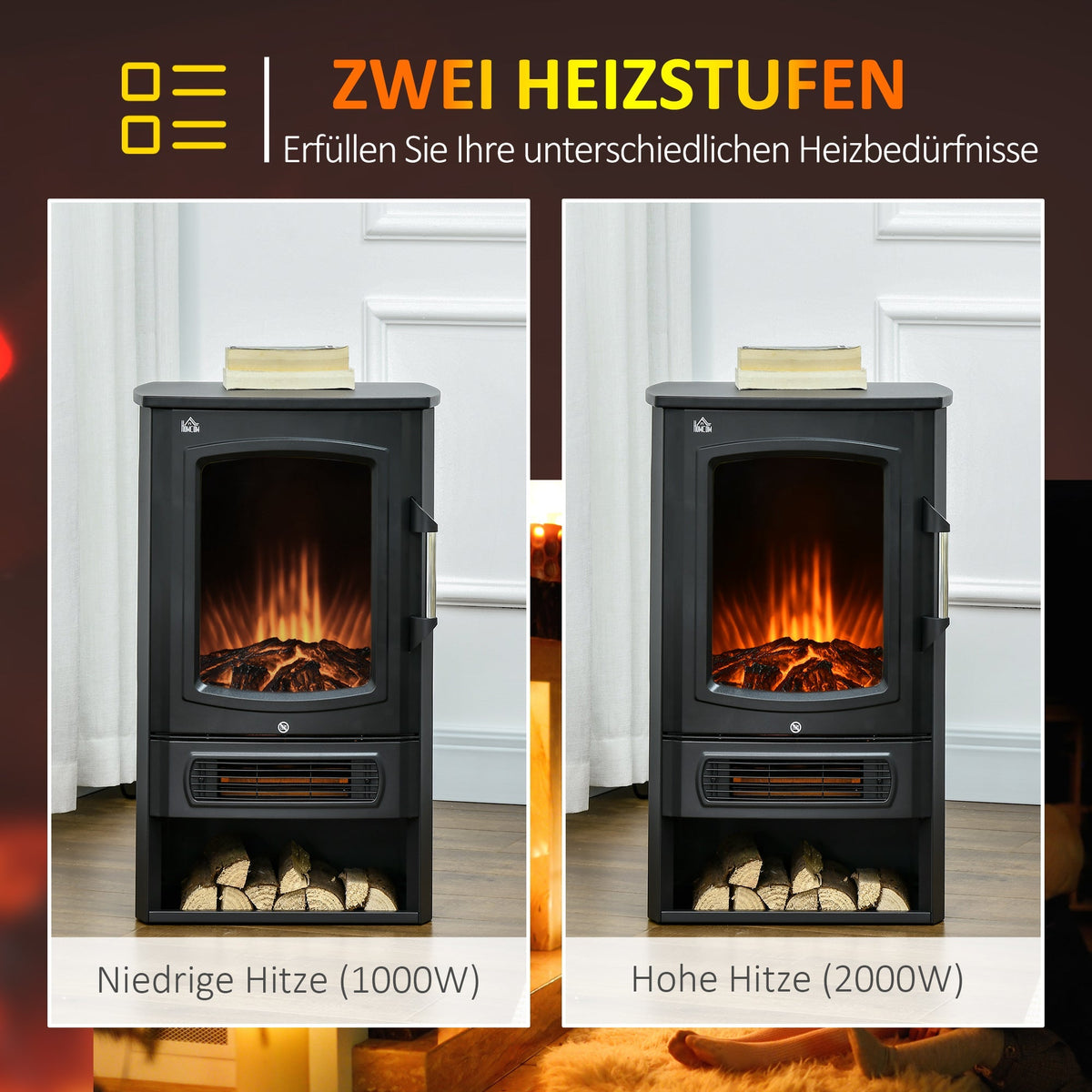 LED Electric Fireplace, 1000/2000W Heating, Flame Effect, 44.5x32x74cm, White