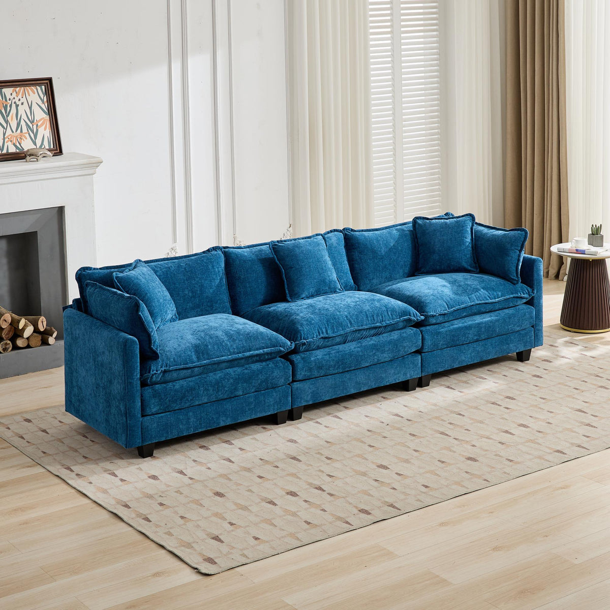 Cloud Sofa 3 Seats Modern Sectional Couch with Double Layer Upholstered Cushion, Blue Chenille Fabric