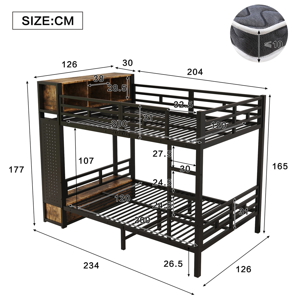 Bunk Bed 120x200 cm with Multifunctional Storage System, Black Metal