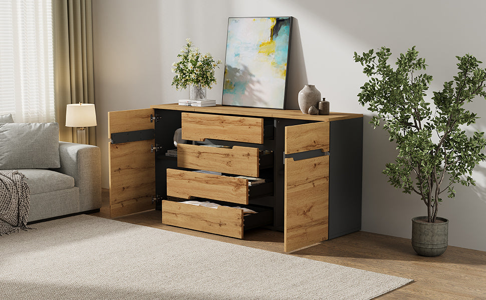 Sideboard Cabinet with 2 Doors, 4 Drawers, Handleless, Wood Color + Black
