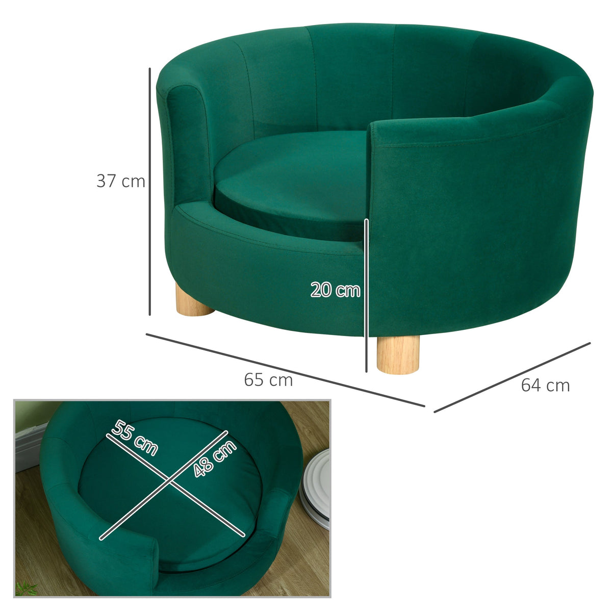Dog Bed Sofa, Soft Cover & Wooden Legs, 65x64x37cm