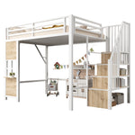 Loft Bed 140x200 cm with Storage Ladder, White Iron Frame