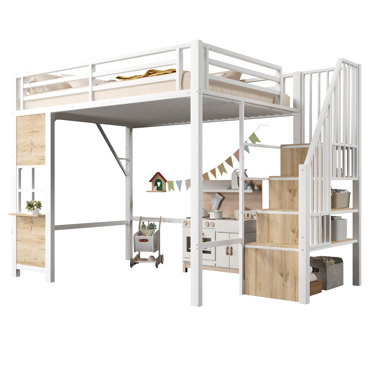 Loft Bed 140x200 cm with Storage Ladder, White Iron Frame