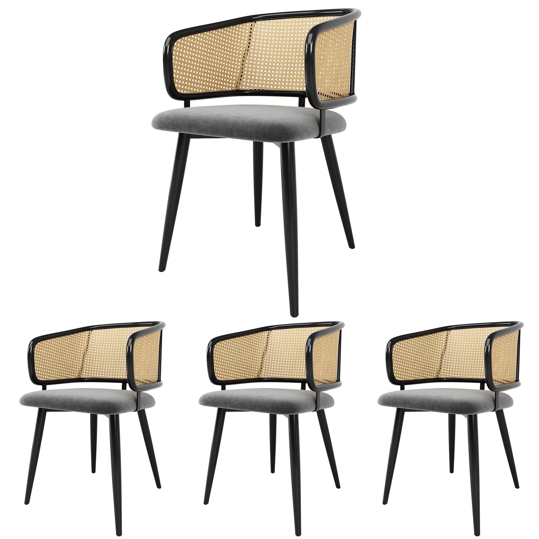 4 Dining Chairs - Rattan Back Velvet Cushion - Modern Style