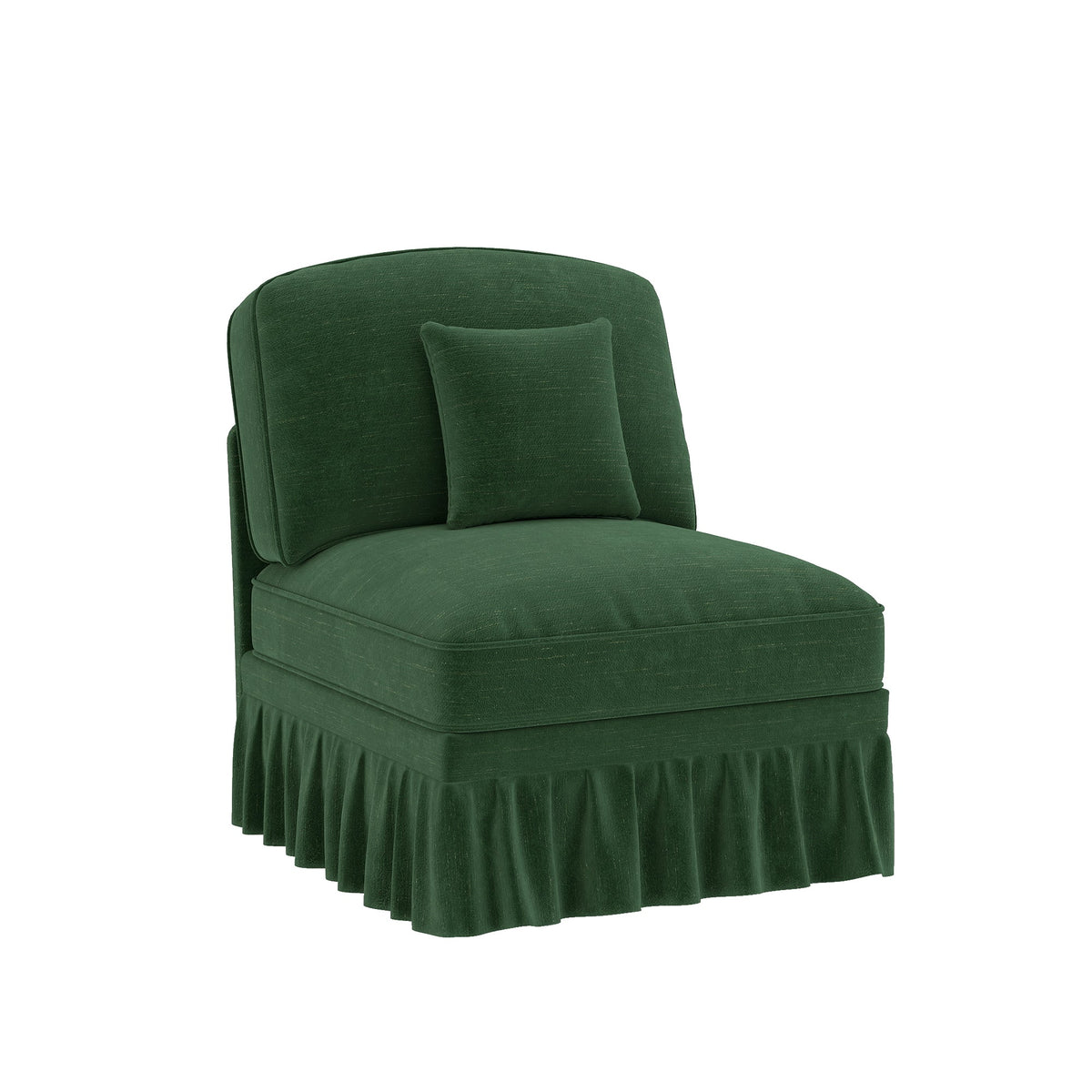 Windsor Armless Sofa with Removable Ruffle Skirt and Cushion, Green Chenille