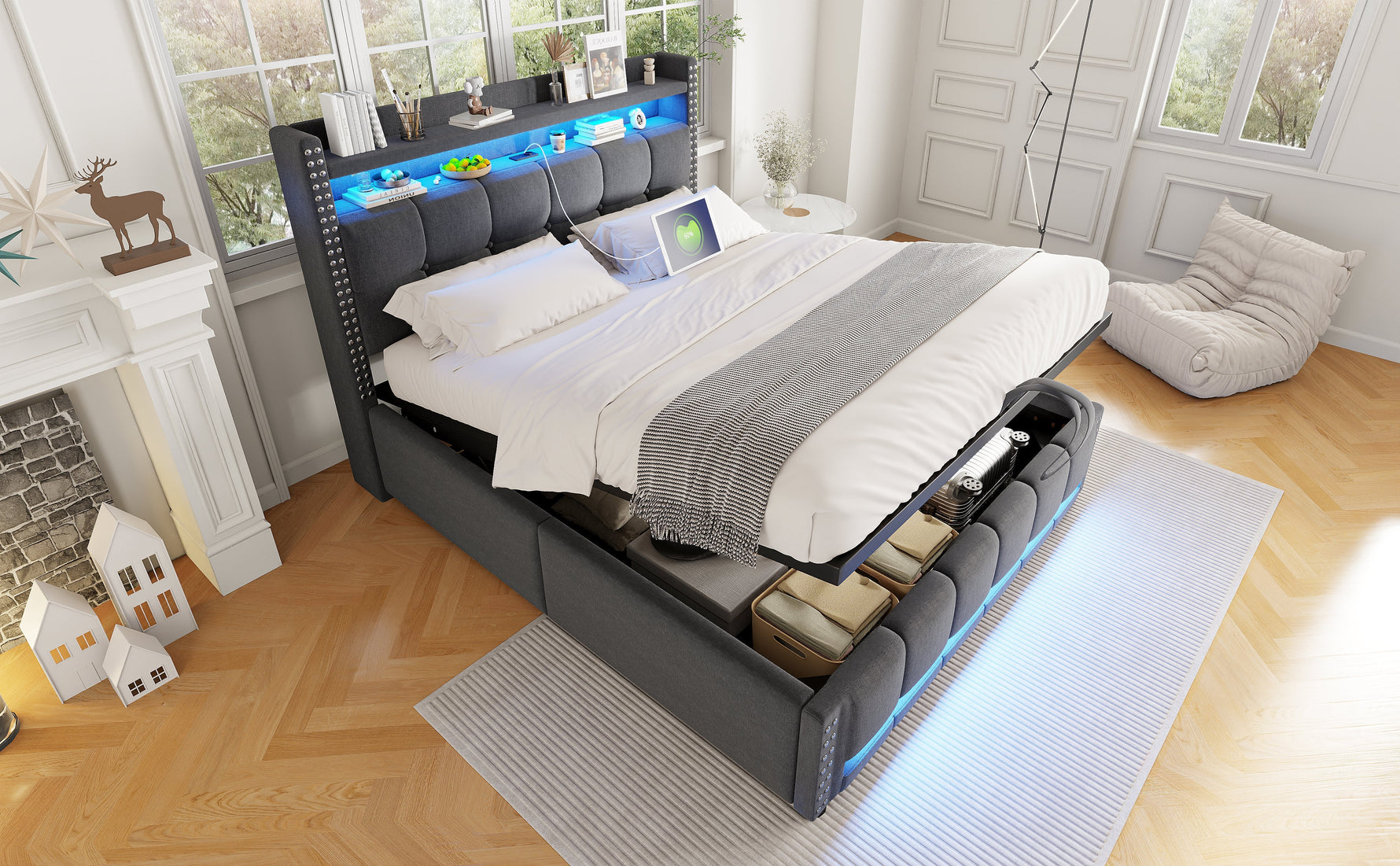Upholstered Bed 140*200cm, LED & USB, Hydraulic Storage, Linen Fabric Grey
