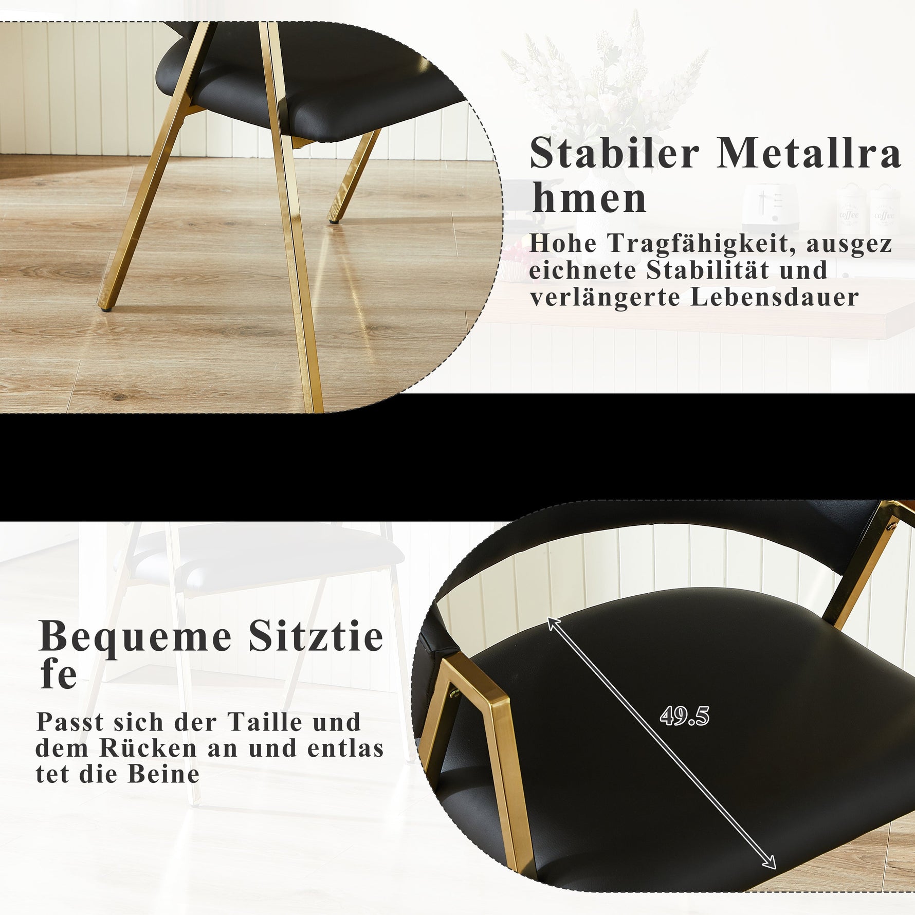 Set of 2 Dining Chairs Modern Minimalist Gold Metal Frame - Black PU Leather