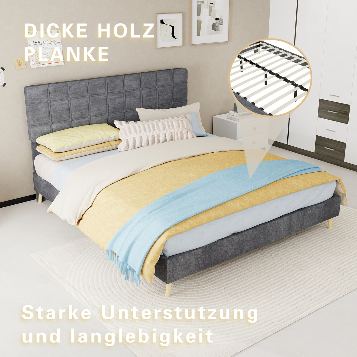 Modern Double Bed with Plaid Headboard 160x200cm, Dark Gray Fabric