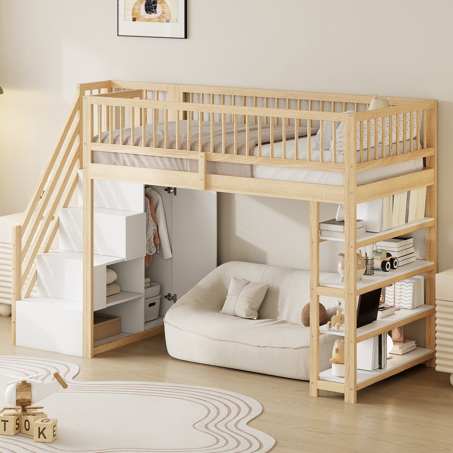 Loft Bed 90x200 High Fence Safety Design Storage Wardrobe, Solid Wood Color