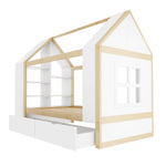 Children's House Bed 90x200 with 2 Drawers & LED, White & Natural