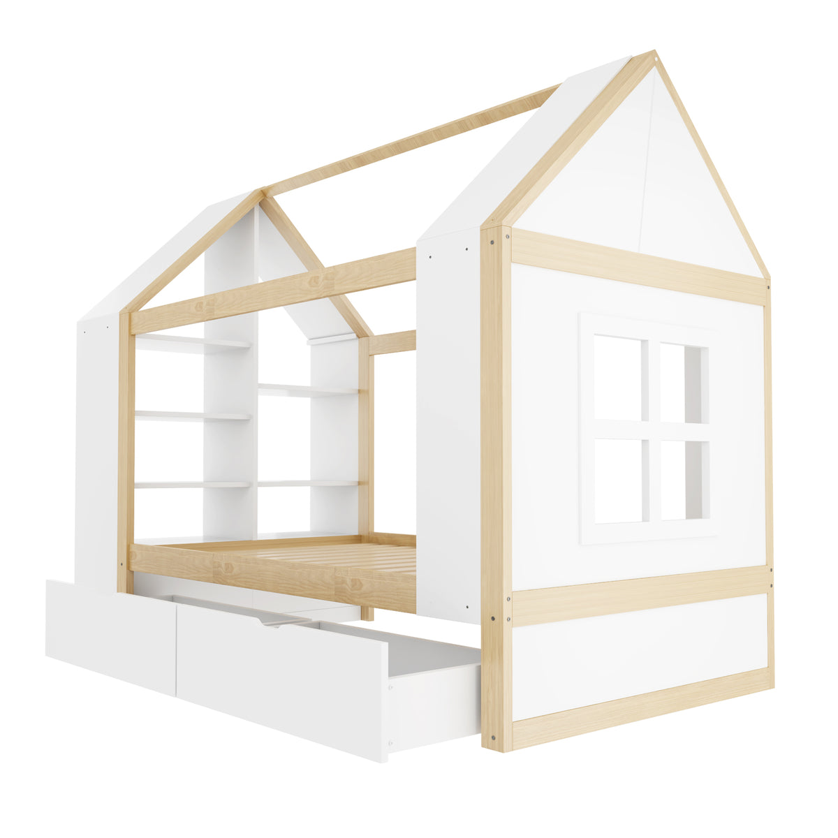 Children's House Bed 90x200 with 2 Drawers & LED, White & Natural
