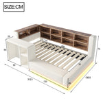 Upholstered Bed 90x200cm with Storage & LED Light, Beige