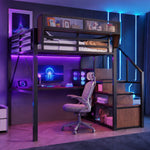 Loft Bed 140x200 with Desk, LED Light & Storage, Black Metal