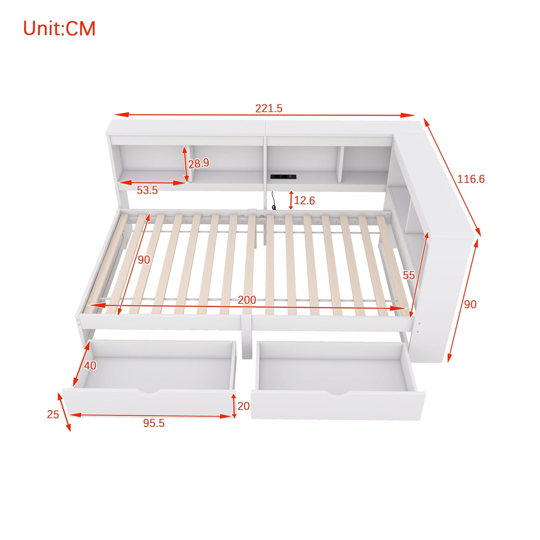 Daybed Sofa Bed 90x200cm 2 Drawers Power Outlet USB - White Chipboard