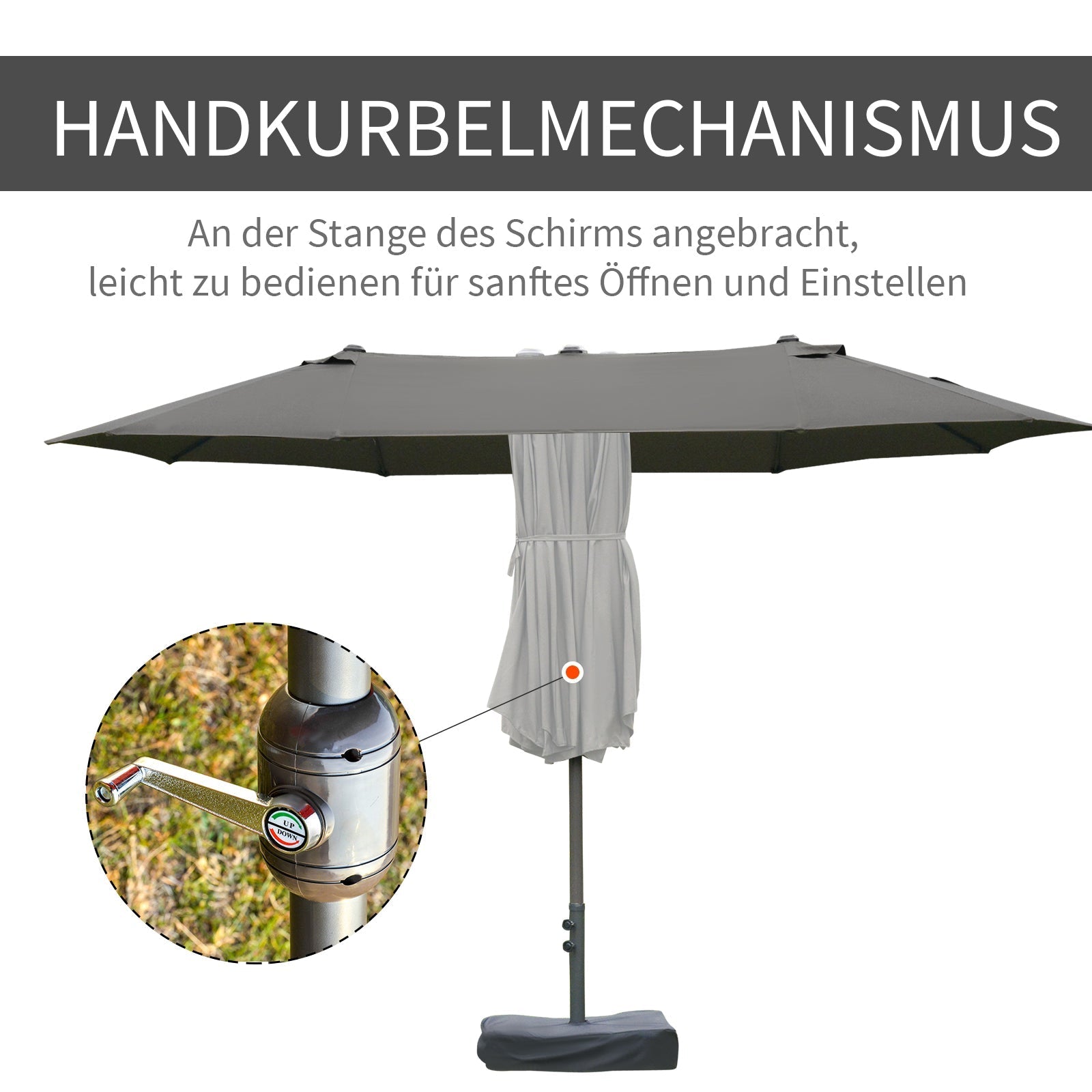 Double Parasol 460x270cm Oval Hand Crank with Stand, Dark Grey