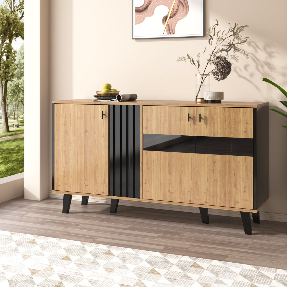 Sideboard, 140x78.5x41 cm, LED Lighting & Glass, Wood and Black