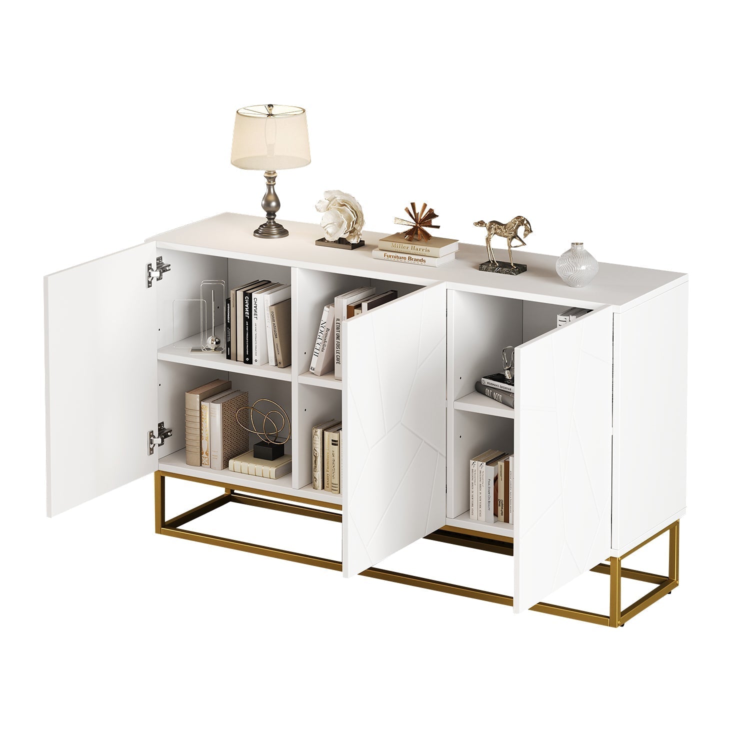 Sideboard, Modern Buffet Cabinet with 4 Compartments, 130 cm Wide, High-Gloss