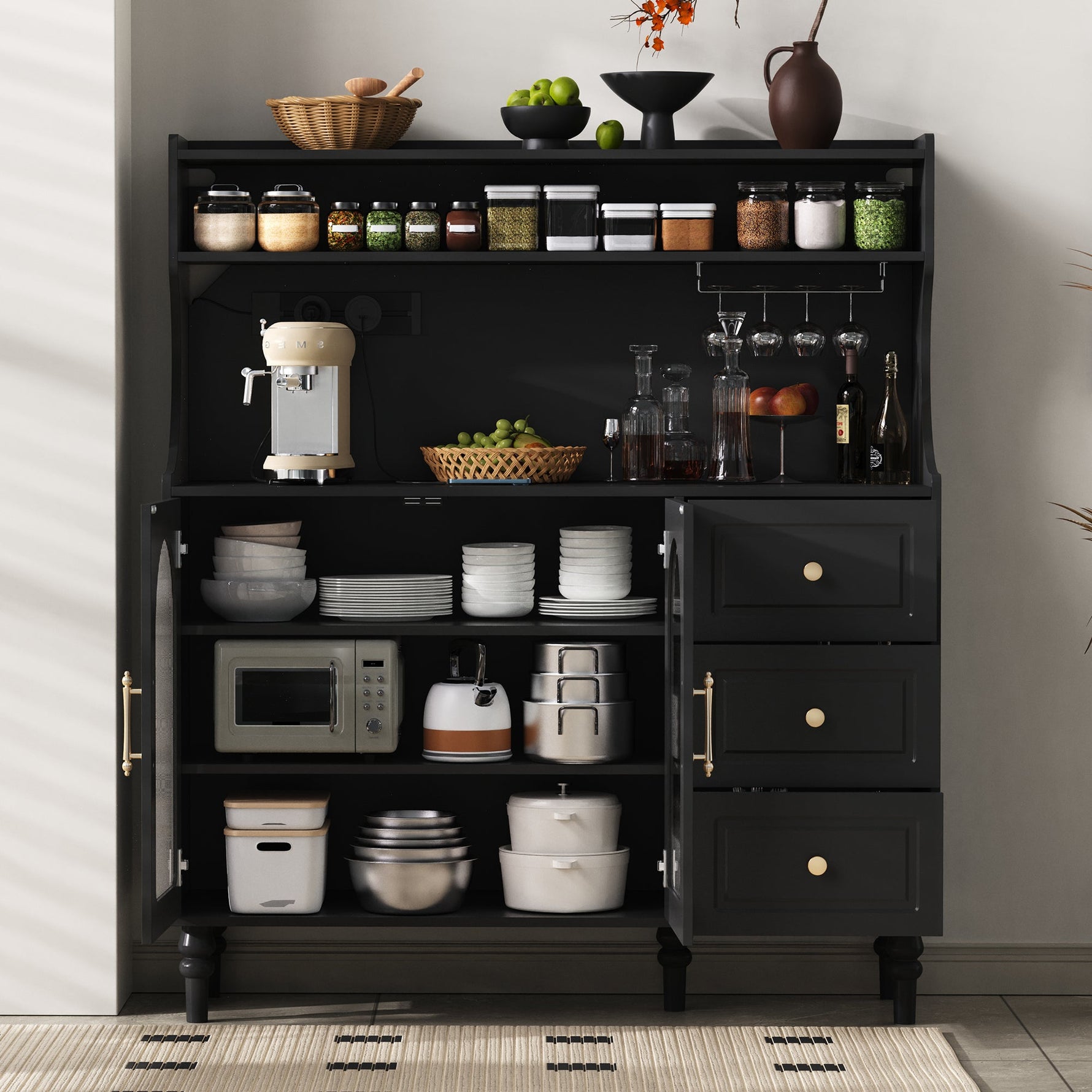Tall Cabinet Bar Storage with Sockets, Wine Rack & Adjustable Shelves - Black