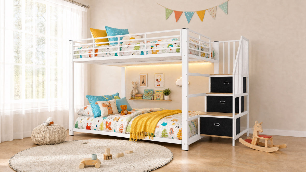 Bunk Bed 140x200 cm with Stairs, Storage & LED Light, White Metal